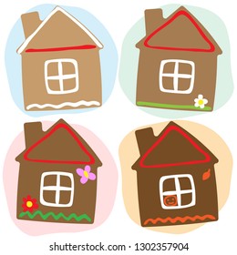 Gingerbread house in four different styles representing four seasons of the year.