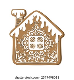 Gingerbread house holiday cookie. Flat vector illustration in brown and white colors