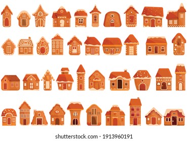 Gingerbread house icons set. Cartoon set of gingerbread house vector icons for web design