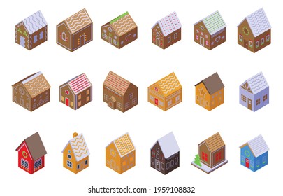 Gingerbread house icons set. Isometric set of gingerbread house vector icons for web design isolated on white background