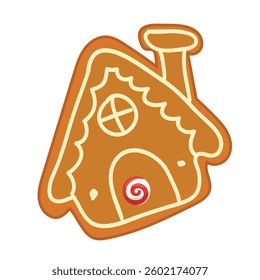 A gingerbread house illustration decorated with a red candy