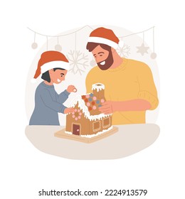 La casa Gingerbread aisló la ilustración vectorial de dibujos animados. Padre e hija pequeña hacen casa de pan de jengibre para la celebración de Navidad, tradición caricatura vectorial de dulces navideños.