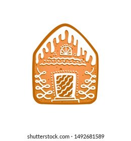 Gingerbread house isolated on white background. Icon of traditional Christmas homemade cookie. Winter holidays or fairy tale concept. Vector EPS 10  illustration.