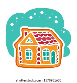 Gingerbread house isolated on white background. Christmas vector illustration. Design element for sticker, magnet, leaflet, poster, flyer.