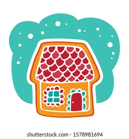 Gingerbread house isolated on white background. Christmas vector illustration. Design element for sticker, magnet, leaflet, poster, flyer.
