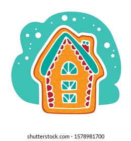 Gingerbread house isolated on white background. Christmas vector illustration. Design element for sticker, magnet, leaflet, poster, flyer.