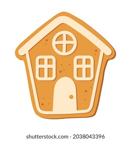 Gingerbread house isolated on white background. Christmas gingerbread cookie. Winter holiday food. Happy new year. Merry Christmas holiday. Vector illustration.