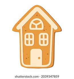 Gingerbread house isolated on white background. Christmas gingerbread cookie. Winter holiday food. Happy new year. Merry Christmas holiday. Vector illustration.