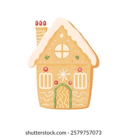 Gingerbread house isolated on white background. Christmas cookie. Festive traditional decorated sweets. Vector hand drawn flat illustration