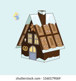 Gingerbread house and little angel, drawing for design for christmas,icon,cartoon style, pastry