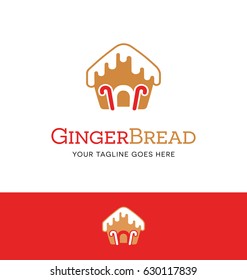 Gingerbread House Logo With Icing And Candy Canes.  Vector Icon.