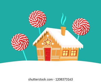 Gingerbread house and lollipop trees around it. Christmas, new year, winter holidays card, poster, banner, clothes print. Vector illustration, flat design style sweets on snowy landscape background.