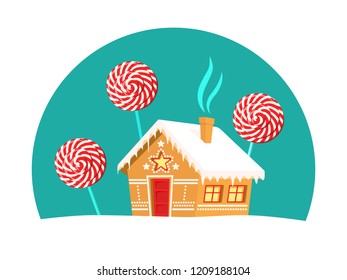 Gingerbread house and lollipop trees around it. Christmas, new year, winter holidays card, poster, banner, clothes print. Vector illustration, flat design style sweets on snowy landscape background.