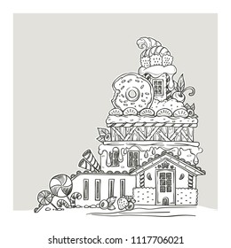 Gingerbread House, Lovely Cartoon Castle, Made From Sweets, Candy and Cookines, Page For Your Coloring Book