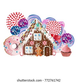 Gingerbread house and gingerbread man cookies. Vector illustration.