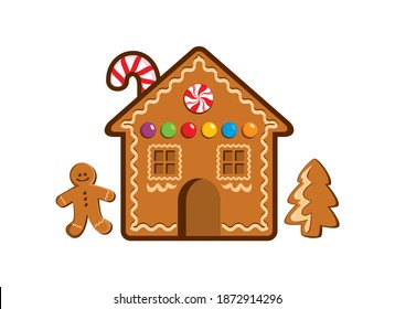 Gingerbread House with gingerbread man and tree icon vector. Christmas gingerbread cookies icon set vector. Christmas decorative cookies with icing clip art. Gingerbread house with candies vector