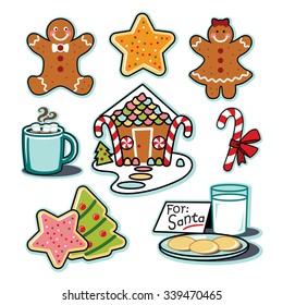 Gingerbread house, man, woman, hot chocolate, cookies for santa illustration set