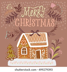 Gingerbread house. Merry Christmas greeting card design with gingerbread house