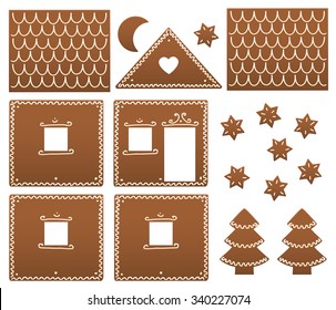 Gingerbread House Model Gingerbread house components in order to be build up. Isolated vector illustration on white background.