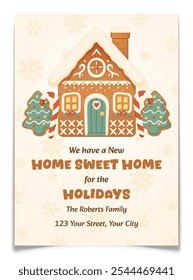 Gingerbread House New Home For The Holidays Postcard. Winter moving announcement card. Christmas cookie with icing on rooftop and decorated Christmas trees. New year letter. Vector illustration.