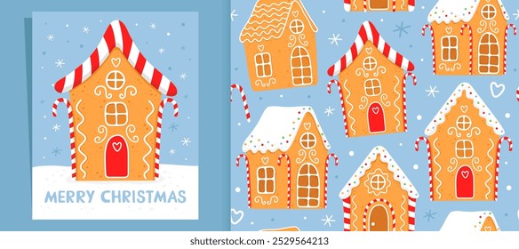 Gingerbread house on a blue background. Homemade christmas cookie with white sugar glaze. Christmas card. And christmas seamless pattern for wrapping paper, fabric, card.