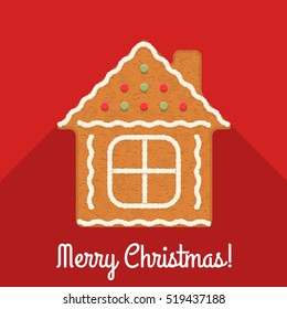 Gingerbread house on red background with Merry Christmas congratulation, vector eps10 illustration