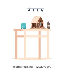 Lebkuchenhaus auf dem Tisch. Süße und festliche Feriendekoration, erbaut aus gebackenem Lebkuchengebäck, Illustration