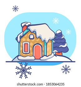 Gingerbread house on white isolated backdrop. Christmas holiday postcard for invitation or gift card, notebook, bath tile, scrapbook. Phone case or cloth print. Flat style stock vector illustration
