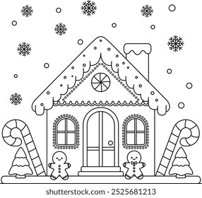 Gingerbread House Outline Coloring Page. Christmas and Winter Illustration 