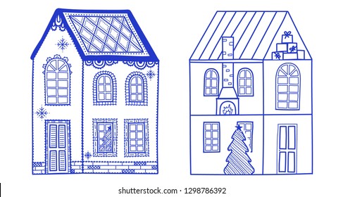 gingerbread house outside and inside. doll house drawing