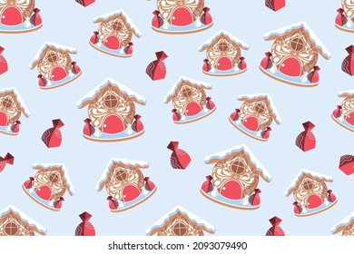 gingerbread house, painted, pattern of white glaze on the wall, Christmas sweets, wrapped candies