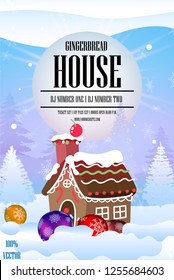 Gingerbread house party with Gingerbread house and Christmas balls. Christmas eve scene, snowy evening with snow and traditional gingerbread building with cozy light and winter trees. Vector EPS 10.