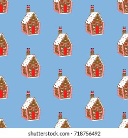Gingerbread house pattern on the blue background. Vector illustration
