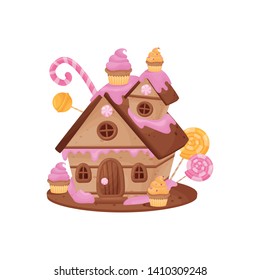 Gingerbread house with pink icing. Vector illustration on white background.