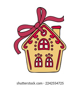 Gingerbread house with ribbon bow. Christmas sweet cookies. Happy New Year. Viva Mangenta. Hand drawn flat illustration.