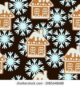 Gingerbread house seamless pattern, Christmas gingerbread and snowflakes on a dark brown background vector illustration