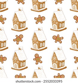 Gingerbread house seamless pattern with cookies and snowy icing