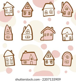 Casa de jengibre sin fisuras en un fondo abstracto de fantasía con óvalos y círculos rosados. Galletas de navidad dibujadas a mano con hielo blanco y rosa. Ilustración vectorial de estilo de caricatura plana