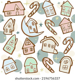 Gingerbread house seamless pattern Pink, blue and green cookies with candy cane on fantasy abstract background with stars Flat cartoon style vector illustration 