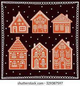 Gingerbread house. Set of vector hand drawn gingerbread houses. Christmas cookies. Brown and white colors.