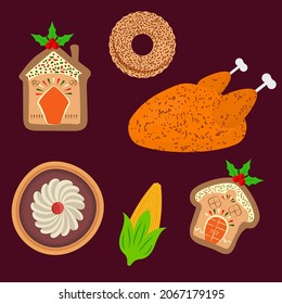 Casa De Pan De Gengibre Con Donut, Cookie Y Pollo En Fondo Claret.