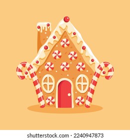 Gingerbread house shaped gingerbread cookies with decorations. Christmas sweets and treats. Vector illustration