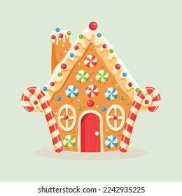 Gingerbread house shaped gingerbread cookies with decorations. Christmas sweets and treats. Vector illustration