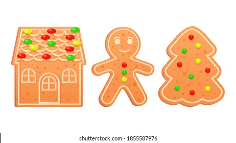 Gingerbread house shaped gingerbread, spruce shaped gingerbread, gingerbread man decorated with icing and candies