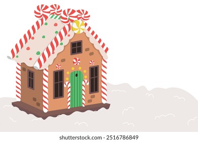 Gingerbread house with snow on white background. Horizontal vector template for Gingerbread house day,	Christmas, card, sale, banner, advertisement. 