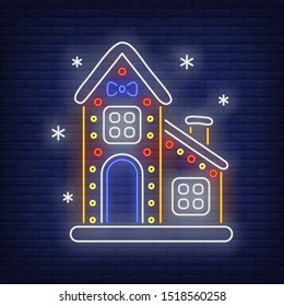 Gingerbread house with snowflakes neon sign. Sweet, bakery, dessert. Vector illustration in neon style for topics like Christmas, Xmas, decoration