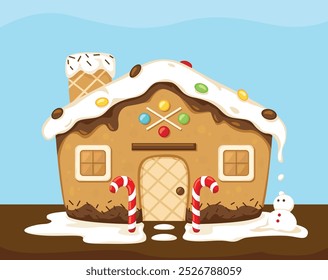 Gingerbread House with Snowman and Background Cartoon Vector Illustration