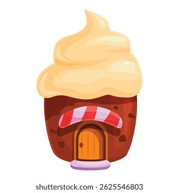 Gingerbread house standing with striped candy cane over the door and a big swirl of cream on the roof