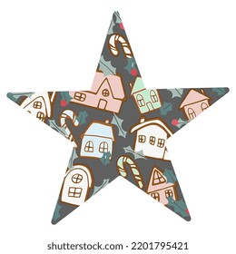 Gingerbread house star shape card vector illustration Cookies with various icing and candy canes and holly on grey background Flat cartoon style vector illustration 