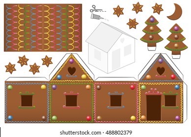 Gingerbread house with sweet candy decor. Print this paper model on heavy paper, cut the pieces out, score and fold them and glue them together.